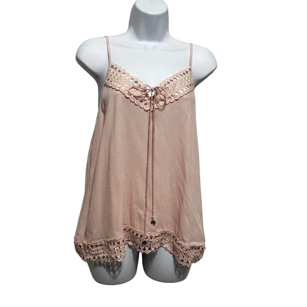 Papaya Womens Lace Trim Babydoll Cami Top S Peach Boho Cottage Flowy Crochet Hem